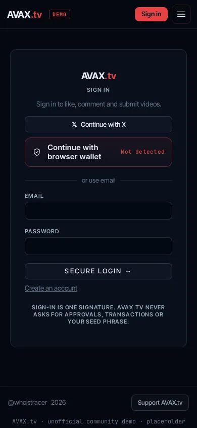 AVAX.tv demo sign-in