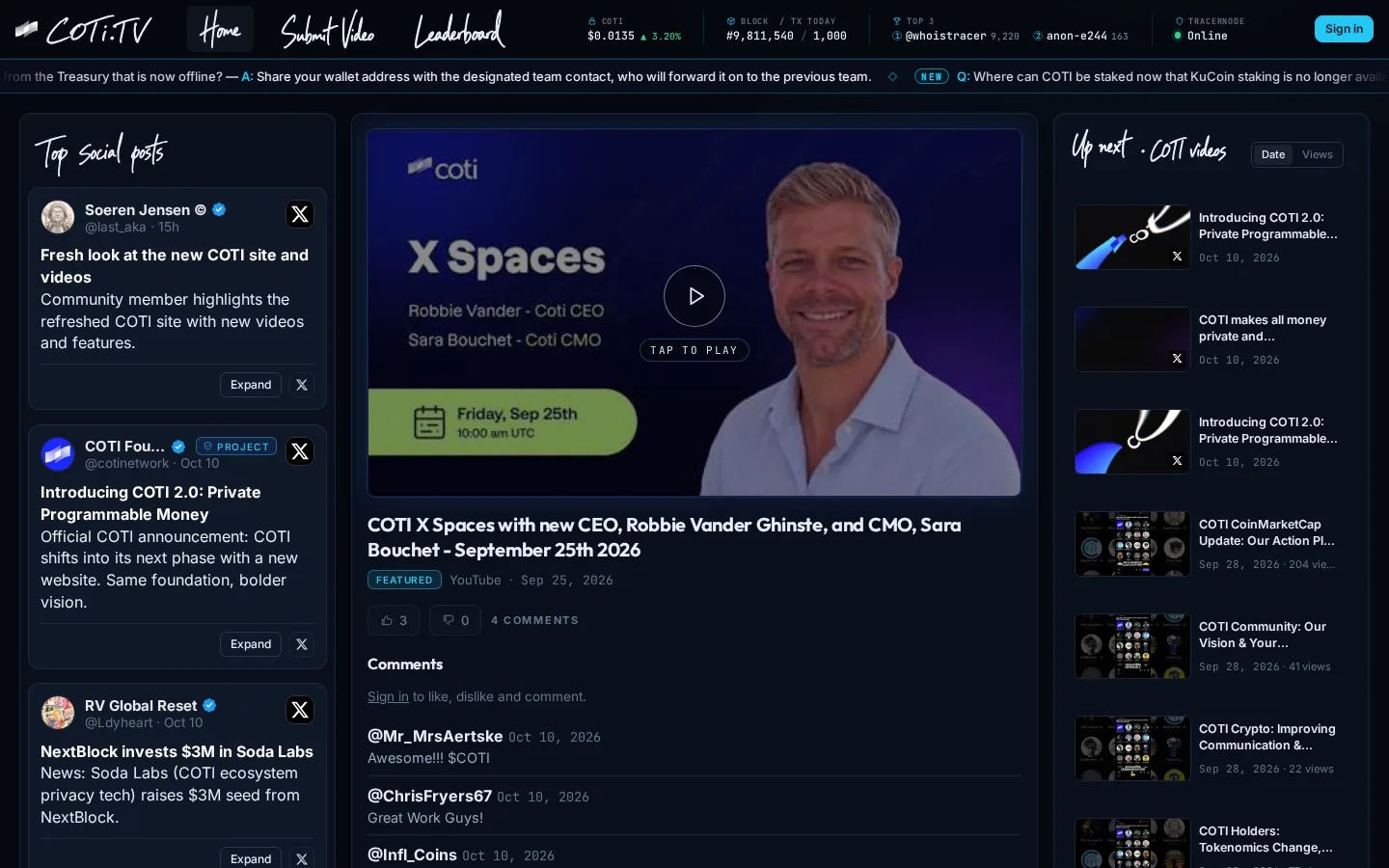 COTI.tv home page on desktop